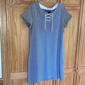 Tommy Hilfiger Nautical Lace Up Navy Blue & White Stripe Casual Dress Sz Large